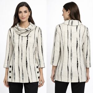ALI MILES Tunic Womens Medium Ivory Black Jacquard Quiet Luxury Abstract Artsy